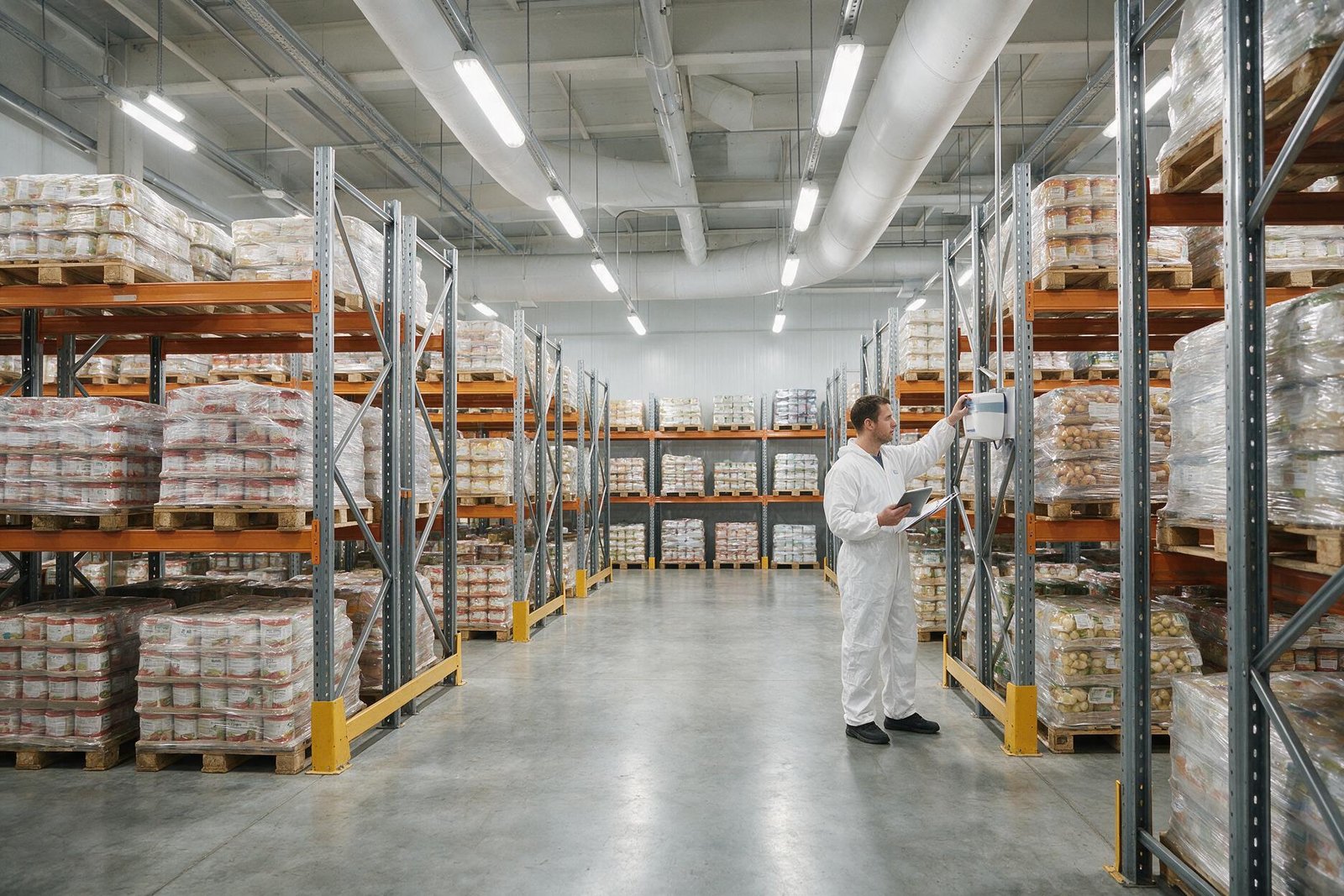 Technicien effectuant une visite de contrôle dans un entrepôt alimentaire à Marrakech, dans le cadre d'un contrat d'entretien préventif