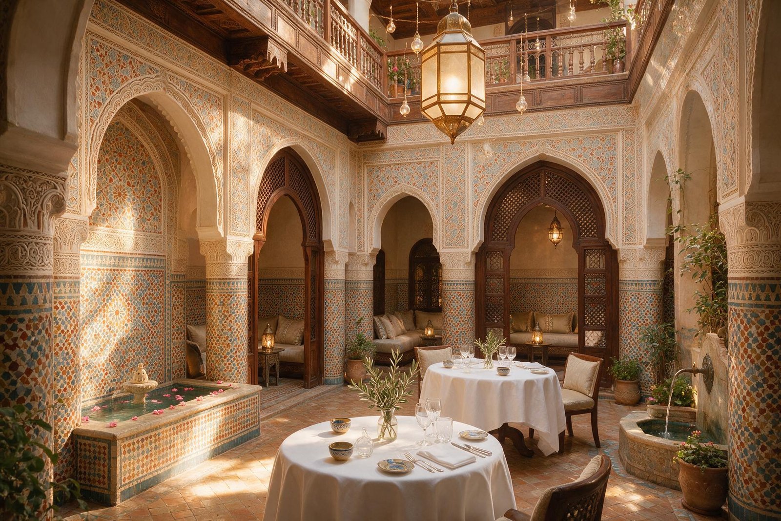 Cour de riad et salle de restaurant impeccables à Marrakech